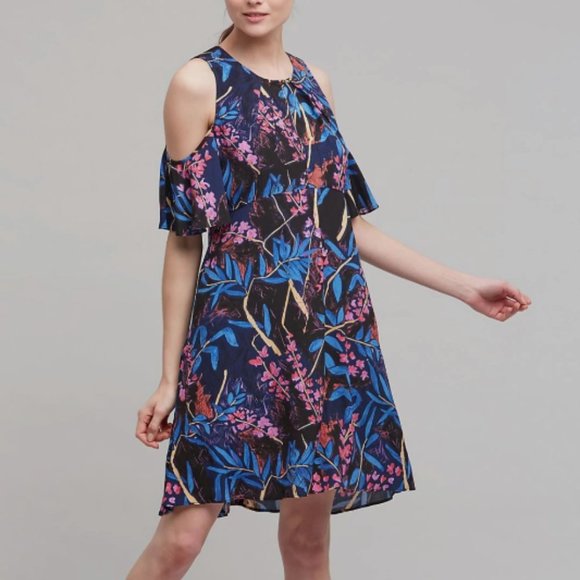 Anthropologie Maeve Elia Cold Shoulder‎ Mini Dress Black Blue Pink Floral - Picture 1 of 9